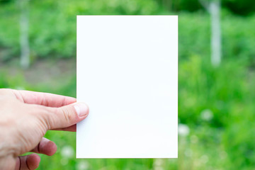 Blank vertical paper card holding in hand on green blurred garden background as simple template for you artwork presentation.