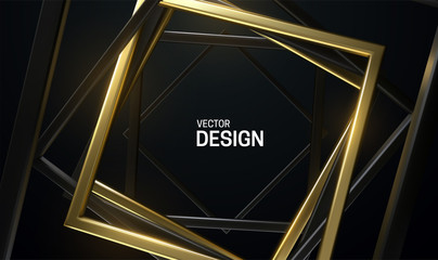 Wall Mural - Black and golden square frames. Abstract background. Vector 3d illustration. Random rotated rectangles. Geometric banner. Luxury element for poster or cover design.