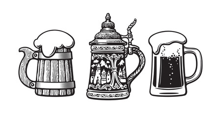 Wall Mural - vintage set of beer mugs. old wooden mug. traditional german stein. glass mug with foam. vector illu