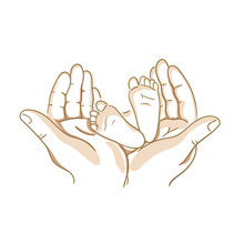 Baby Feet. Line Art Sketch Of Baby Feet In Mother Hands; Happy Family Maternity Concept; Hand Drawn Vector Illustration. 