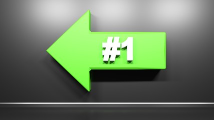 Poster - Green arrow to the left, with number 1, on black glossy wall - 3D rendering illustration