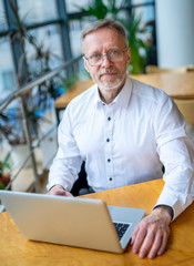 Elderly businessman using laptop, working while sitting in modern office. Selective focus