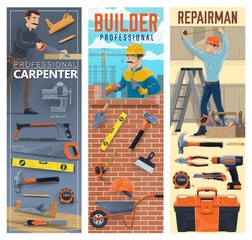 Sticker - Builder, carpenter, bricklayer and handyman, construction industry workers. Vector men with tools and equipment, bricks, trowel, toolbox and hammer, hard hat helmets, drill, pliers and level rulers