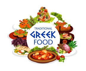 Wall Mural - Greek cuisine food of vector dishes with vegetables, meat, fish and seafood. Beef stew stifado, shrimp risotto, cod cream soup and baked lamb, feta and tomato on grilled bread, prawn in garlic sauce