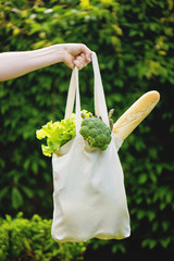 Hand holding green grocery bag of green vegetables.