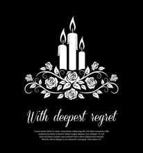 Funeral Card Vector Template, Monochrome Burning Candles And Rose Flower Ornament. Vintage Condolence Funeral Card With Deepest Regret Typography. Obituary Memorial, Remembrance Retro Funeral Poster
