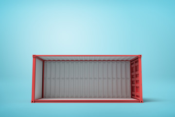 Poster - 3d rendering of empty red cargo container with one side off standing on light blue background.