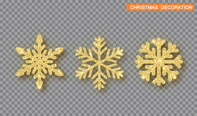 Wall Mural - gold christmas decoration set. golden glitter covered snowflake