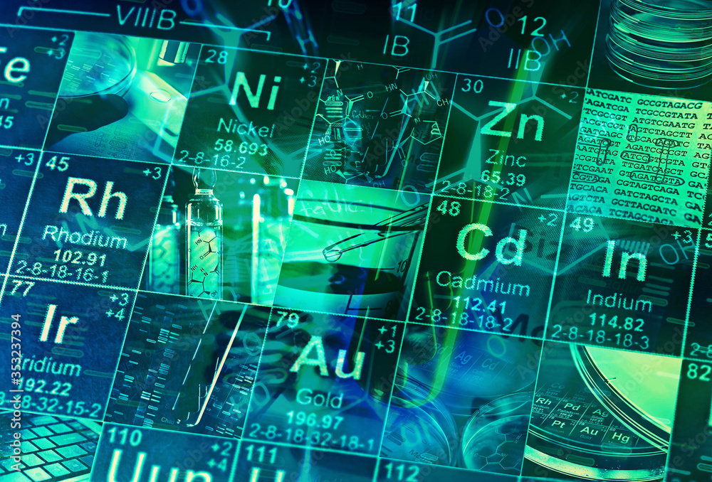 Periodic table of elements and laboratory tools. Science concept. Stock ...