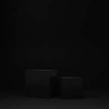 Modern Dark Black Podium For Product Showcase. Boxes Shapes.Black Background. Empty Stage. 3d Render Illustration