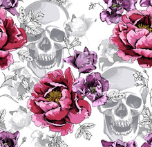 Seamless Floral Pattern. Pink Peony,  Violet Tulips Flowers And Silver Gray Skulls On A Monochrome White Background. Vector Illustration.