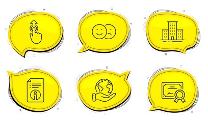 Poster - Like sign. Diploma certificate, save planet chat bubbles. University campus, Technical info and Swipe up line icons set. Town building, Documentation, Touch technology. Social media dislike. Vector