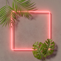 Wall Mural - Creative fluorescent color layout made of tropical leaves. Flat lay neon colors. Nature concept. Wall texture summer background. 3D render.