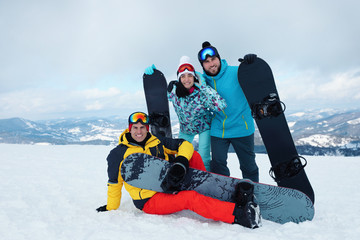 Wall Mural - Group of friends with equipment in snowy mountains. Winter vacation