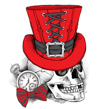 Skull In A Red Steampunk Top Hat And With Watch. Vector Illustration.