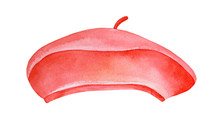 Watercolor Illustration Of Classic Casual Red Colored Wool Beret. One Single Object, Front View. Handdrawn Watercolour Artistic Graphic Drawing, Cut Out Clipart Element For Design, Poster, Collage.