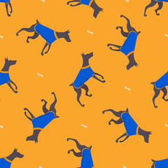 Wall Mural - Seamless pattern with funny cartoon style icon of dobermann. Simple background with cute family dog.