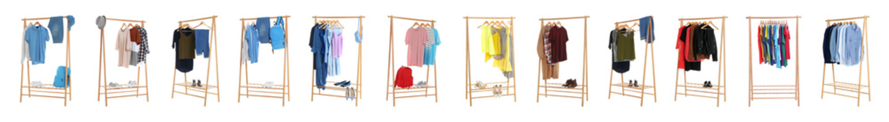 Wall Mural - Set of wardrobe racks with different clothes on white background. Banner design