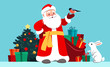 © Elena - Russian Santa Claus in long red robe, with Christmas tree, wrapped gifts, sack of gifts, hare and bird. Christmas, New year vector cartoon character illustration for greeting cards, posters, ads.