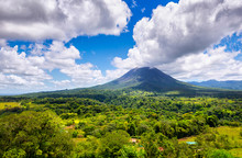 Amazing View Of Beautiful Nature Of Costa Rica With Smoking Volcano Arenal Background. Panorama Of Volcano Arenal La Fortuna, Costa Rica. Central America.