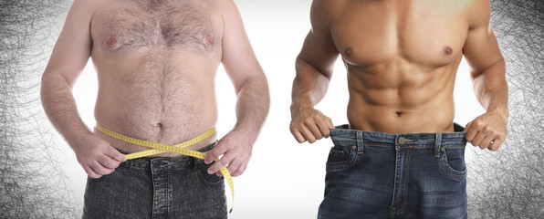 Wall Mural - Slim and overweight men on color background, closeup