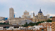 MADRID, SPAIN - APRIL 20, 2020: SKYLINE OF MADRID WITHOUT CONTAMINATION DURING COVID-19. ROYAL PALACE, SPAIN SQUARE BUILDING, TOWER MADRID AND FINANCIAL DISTRICT TOWERS