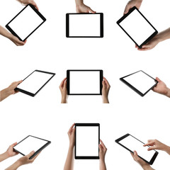 Collage with photos of people holding tablet computer on white background, closeup