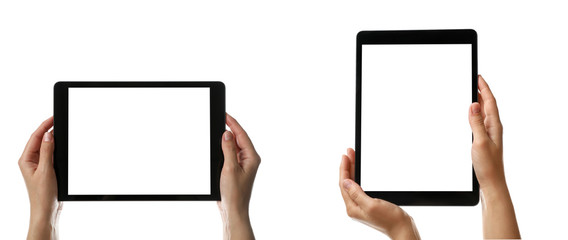 Woman holding tablet computer on white background, closeup. Banner design