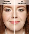 Young woman without and with sun protection cream on her face, closeup