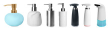 Set Of Different Soap Dispensers On White Background. Banner Design
