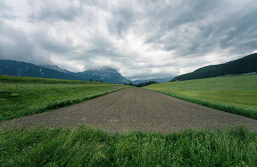 Wall Mural - Freshly planted vegetable farmland in mountain valley in the Austrian Alps, Mieminger Plateau, Tyrol, Austria