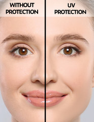 Canvas Print - Young woman without and with sun protection cream on her face, closeup