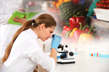 Poster - Scientist using modern microscope at table in laboratory. Food quality analysis