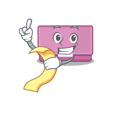 Wall Mural - Womens wallet mascot character style with a menu on his hand