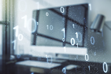 Leinwandbilder - Creative concept of binary code illustration on modern laptop background. Big data and coding concept. Multiexposure