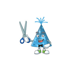 Wall Mural - A picture of blue party hat Barber cartoon character working with scissor