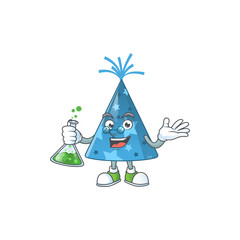 Wall Mural - Blue party hat smart Professor Cartoon character holding glass tube on the lab