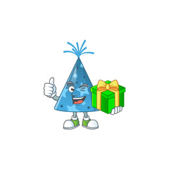 Poster - Happy smiley blue party hat cartoon mascot design with a gift box