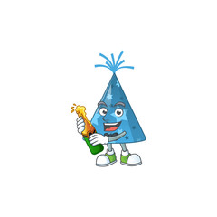 Wall Mural - Happy face of blue party hat cartoon design toast with a bottle of beer