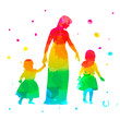 Women silhouette with two children isolated on white background, holiday clipart. Happy Mother's day greeting card with watercolor abstract texture. Vector illustration mother and babys, daughters.