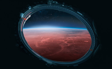 Poster - Orbit of planet Mars. View from porthole of spaceship. Expedition and colonization of Mars. Deep space. Elements of this image furnished by NASA