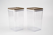 Transparent Plastic Containers For Storing Bulk Products, Cereals And Pasta, Photographed Large On A White Background.