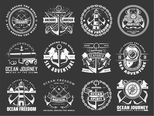 Wall Mural - Nautical icons with sea ship anchors, chains and ropes of marine travel or journey. Vector sail boats, sailor compass roses, lighthouses and diver helmet, naval cannon, swords and crab, naval heraldry