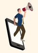 Man using megaphone comes out from smart phone