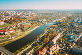 Fototapeta Morze - Grodno, Belarus. Aerial Bird's-eye View Of Hrodna Cityscape Skyline. Residential District In Sunny Autumn Day
