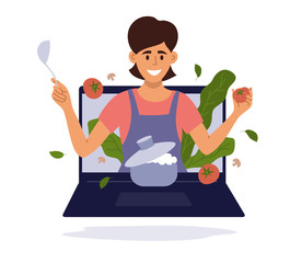 Smiling woman with kitchen utensils look out of laptop screen. Girl vlogger preparing healthy food online. Blog or show with cooking master class. Culinary video broadcast, channel vector illustration