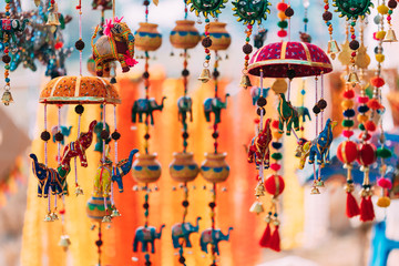 Goa, India. Set Of Small Miniature Indian Elephant Toys And Bells At Local Goa Market. Popular Souvenirs From India