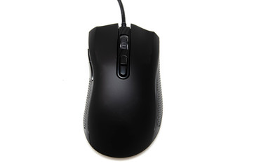 Black gaming mouse with side extra keys and a matte finish on a white background. Mouse top view in macro and general plan. Focus on the wheel and additional keys