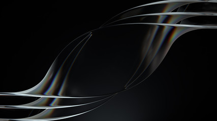 Poster - Smooth 3d render of twisted glass shapes on dark background with dispersion effect.