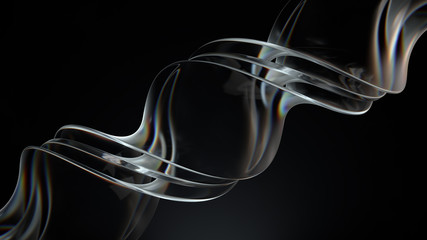 Poster - Smooth 3d render of twisted glass shapes on dark background with dispersion effect.
